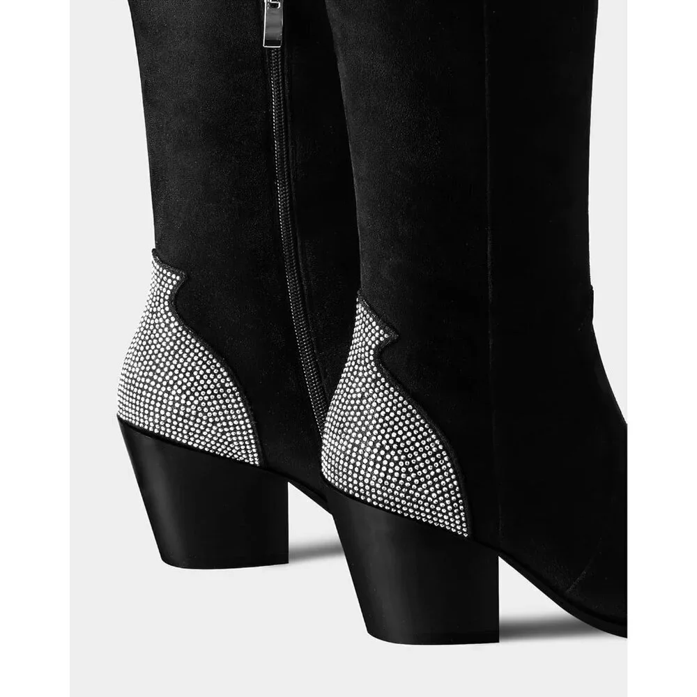 Women Black Suede Polyurethane (PU)Black Thigh High Pointed Toe Chunky Heel Boot